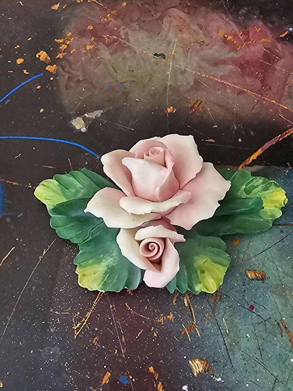 Vintage Capodimonte Style Pink Bisque Rose with Green Leaves Porcelain Sculpture